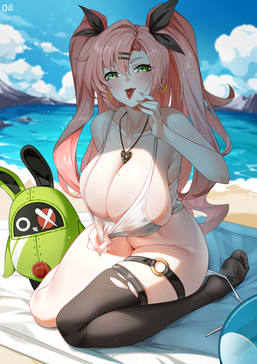 1girl absurdres amillion_(zenless_zone_zero) artist_name ball bangboo_(zenless_zone_zero) bare_arms bare_shoulders beach beach_towel beachball bikini bikini_bottom_only black_ribbon black_thighhighs blue_sky blurry blurry_background blush bottomless breasts chinese_commentary cleavage clothes_pull cloud collarbone commentary_request covered_erect_nipples crop_top d._joko day earrings fangs fingernails full_body green_eyes groin hair_between_eyes hair_ornament hair_ribbon hairclip hand_up heart heart_necklace highres huge_breasts jewelry light_particles long_fingernails long_hair looking_at_viewer mole mole_on_breast mole_on_thigh mole_under_eye necklace nicole_demara nipples no_shoes o-ring o-ring_thigh_strap ocean on_ground open_mouth outdoors parted_lips pendant piercing pink_hair pulling_own_clothes ribbon see-through_clothes see-through_shirt seiza shade shirt shirt_pull single_thighhigh sitting skindentation sky smile soles solo swimsuit tank_top teeth thigh_strap thighhighs tongue tongue_out tongue_piercing towel two_side_up untied_bikini untied_bikini_bottom upper_teeth_only water wet wet_clothes wet_shirt white_bikini white_tank_top zenless_zone_zero
