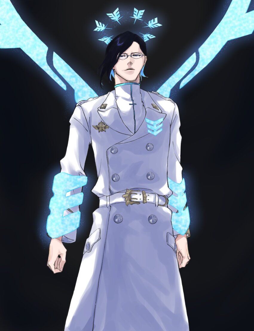 1boy arms_at_sides belt black_background black_hair bleach bleach:_sennen_kessen-hen blue_eyes blue_halo buttons clenched_hands coat commentary_request cowboy_shot double-breasted energy_wings glasses halo highres ishida_uryuu long_sleeves looking_at_viewer male_focus military_uniform mitu_hide43 official_alternate_costume parted_lips shirt short_hair simple_background solo star_(symbol) straight-on turtleneck vollstandig white_belt white_coat white_shirt