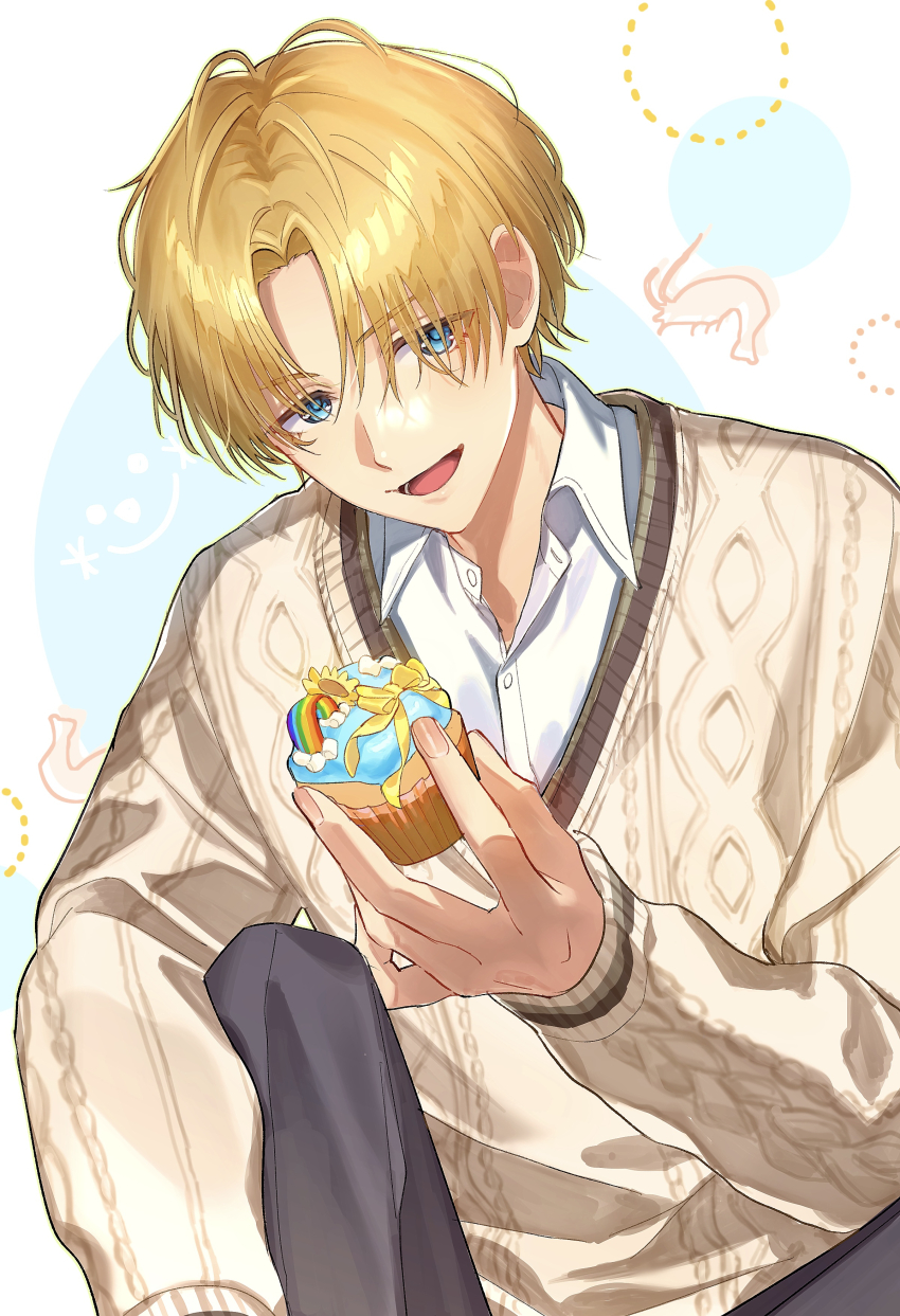 1boy absurdres black_pants blonde_hair blue_background blue_eyes brown_sweater collared_shirt commentary_request cupcake ex_albio feet_out_of_frame food hair_over_one_eye highres holding holding_food knee_up long_sleeves looking_at_viewer male_focus matochi_(fa) nijisanji open_mouth pants ribbed_sweater shirt shrimp simple_background smile solo sweater virtual_youtuber white_background white_shirt