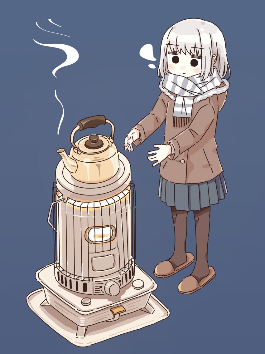 1girl absurdres black_eyes blue_background blue_skirt blush breath brown_coat brown_pantyhose closed_mouth coat dolphilia duplicate empty_eyes expressionless full_body fur-trimmed_coat fur_trim grey_hair grey_scarf highres hood hood_down hooded_coat kerosene_heater long_sleeves medium_hair original outstretched_arms pantyhose pleated_skirt scarf simple_background skirt slippers solo standing steam striped_clothes striped_scarf teapot warming_hands winter_clothes