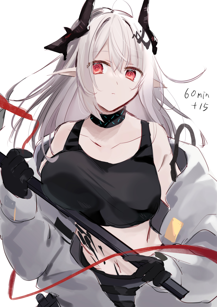 1girl absurdres arknights bare_shoulders black_gloves closed_mouth crop_top demon_girl demon_horns elite_ii_(arknights) gloves highres holding holding_weapon horns infection_monitor_(arknights) long_hair material_growth matsuzaka_(matsuzakagyu_29) mudrock_(arknights) mudrock_(elite_ii)_(arknights) oripathy_lesion_(arknights) pointy_ears red_eyes silver_hair solo war_hammer weapon