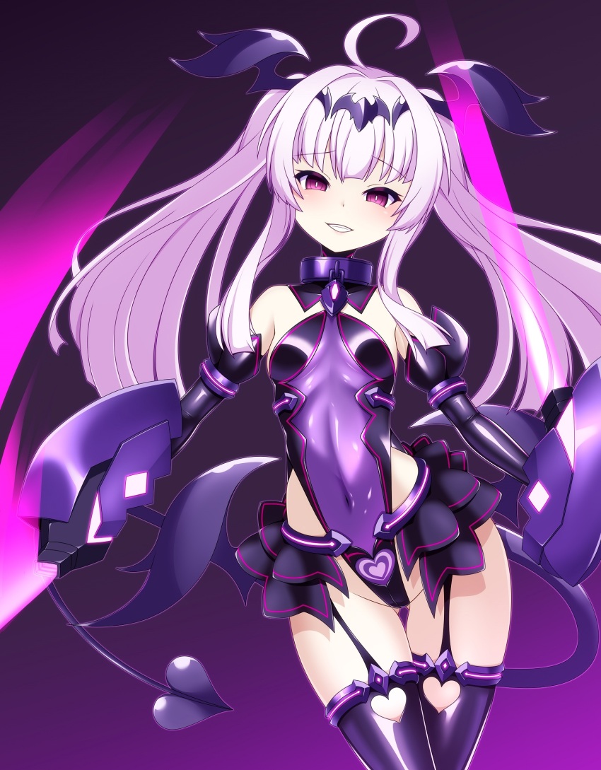 1girl ahoge amakubo_yuri bare_shoulders black_gloves black_skirt black_thighhighs blush breasts clothing_cutout collar corruption covered_navel dark_persona demon_tail detached_sleeves elbow_gloves entenca evil_grin evil_smile garter_straps gloves glowing gluteal_fold gradient_background grin groin hair_ornament heart heart_cutout heart_print highleg highleg_leotard highres kouyoku_senki_exs-tia leotard liberator_(kouyoku_senki_exs-tia) liberator_yuri_(kouyoku_senki_exs-tia) long_hair looking_at_viewer pink_hair pubic_tattoo puffy_sleeves purple_background purple_eyes purple_leotard purple_sleeves showgirl_skirt sidelocks skirt small_breasts smile solo standing tail tattoo thigh_gap thighhighs twintails very_long_hair white_hair wings