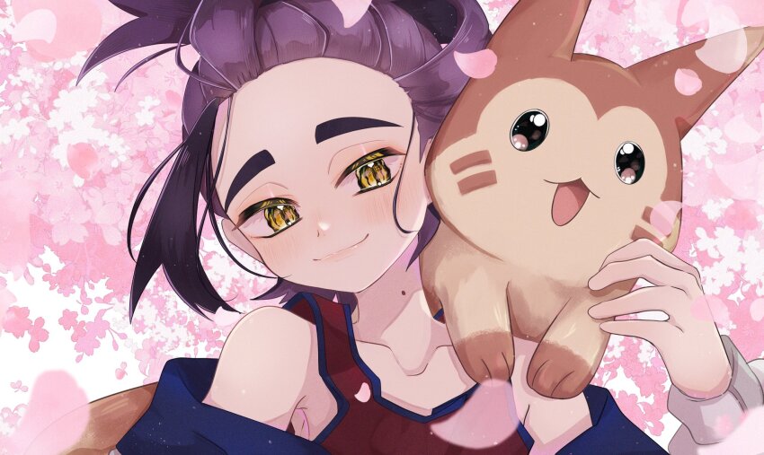 1boy black_hair chigiri_(_chigiri_) closed_mouth collarbone commentary_request falling_petals flower furret gen_2_pokemon hand_up happy head_tilt highres jacket kieran_(pokemon) male_focus multicolored_hair nintendo off_shoulder petals pink_flower pokemon pokemon_(creature) pokemon_sv purple_hair red_shirt shirt sleeveless sleeveless_shirt smile two-tone_hair yellow_eyes
