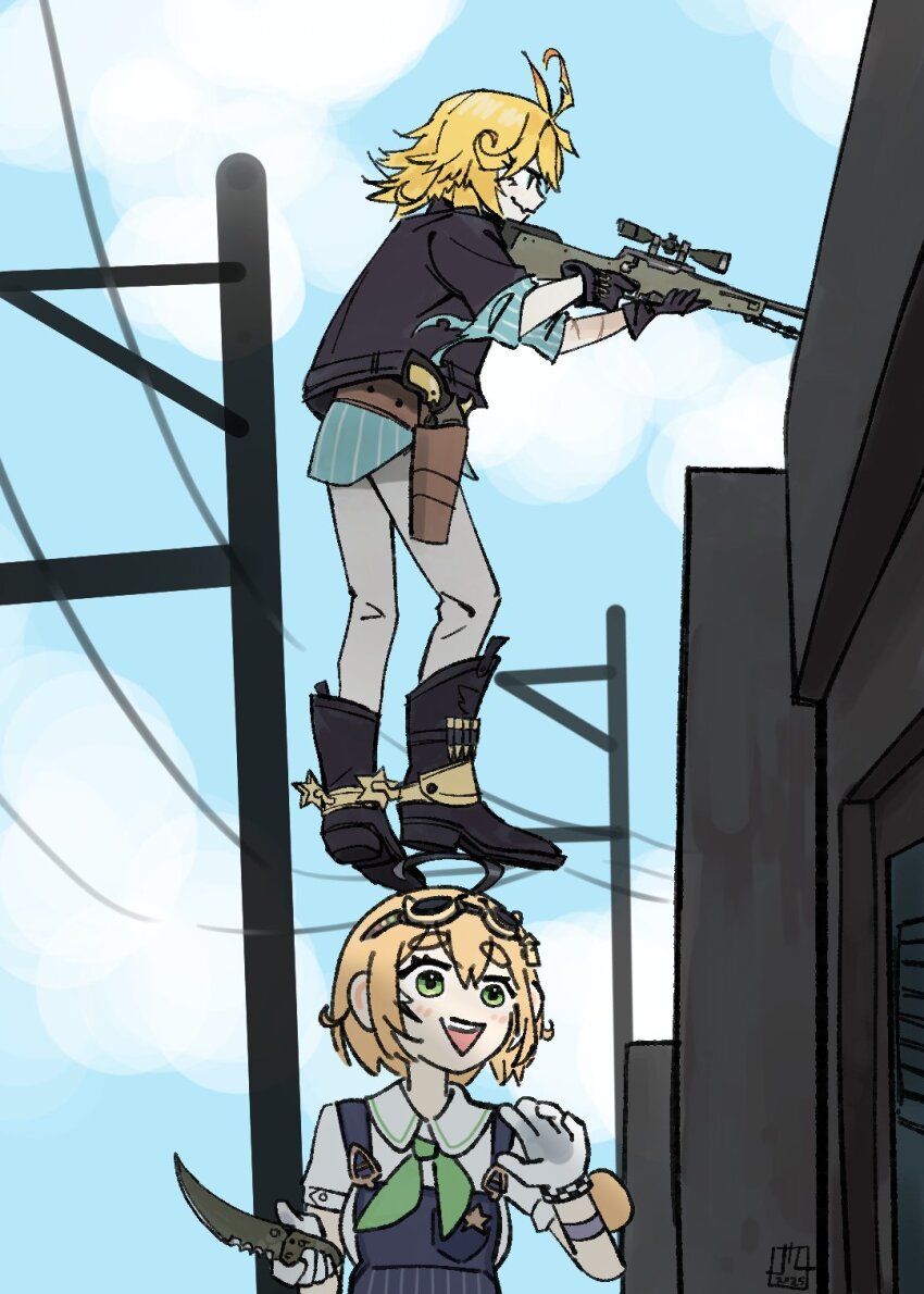 2girls :d ahoge aqua_shirt belt black_boots black_gloves black_jacket blonde_hair blue_overalls blue_sky boots brown_belt building closed_mouth collared_shirt counter-strike_(series) counter-strike_2 dated day dokibird_(vtuber) dokibird_(vtuber)_(bounty_hunter) dooby_(vtuber) full_body gloves goggles goggles_on_head green_eyes green_neckerchief gun handgun highres hobbyh1zack holding holding_gun holding_knife holding_weapon holster holstered indie_virtual_youtuber jacket knife multiple_girls neckerchief olofboost open_mouth outdoors overalls pants power_lines revolver rifle scar scar_on_arm shirt short_hair short_sleeves signature sky smile sniper_rifle spurs standing thigh_holster untucked_shirt virtual_youtuber weapon white_gloves white_pants white_shirt