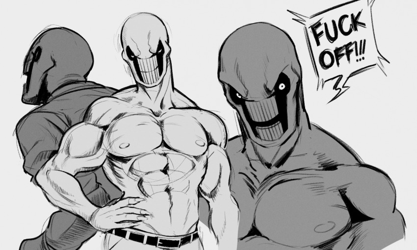 1boy abs bald belt belt_buckle buckle collarbone commentary dedan_(off) english_commentary english_text fingernails greyscale groin hand_on_own_hip highres looking_to_the_side male_focus monochrome monster_boy multiple_views navel nipples off_(game) pants pectorals sharp_fingernails sideways_glance simple_background speech_bubble tanblaque teeth white_background