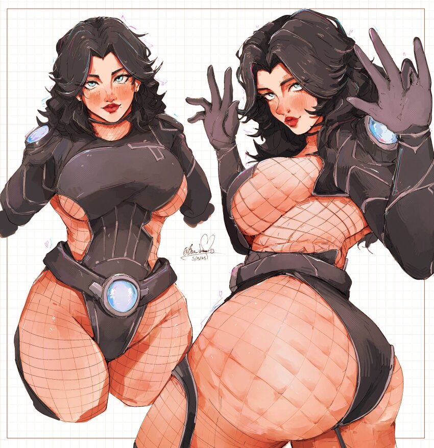 1girl alternate_hair_color ass black_hair blue_eyes blush bodystocking bon_drawr breasts closed_mouth commentary english_commentary fishnet_bodystocking fishnets highres large_breasts light_smile long_sleeves looking_back marvel marvel_rivals multiple_views signature simple_background sue_storm white_background