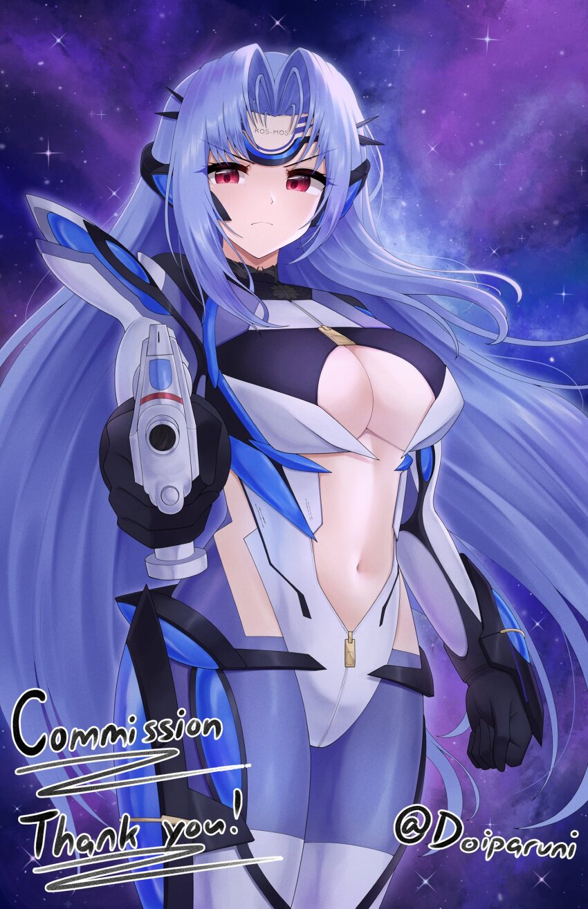 1girl blue_hair breasts cleavage commission cowboy_shot doiparuni english_text gun headgear highres holding holding_gun holding_weapon kos-mos large_breasts long_hair missing_commentary navel night red_eyes revealing_clothes solo star_(sky) twitter_username very_long_hair weapon xenosaga