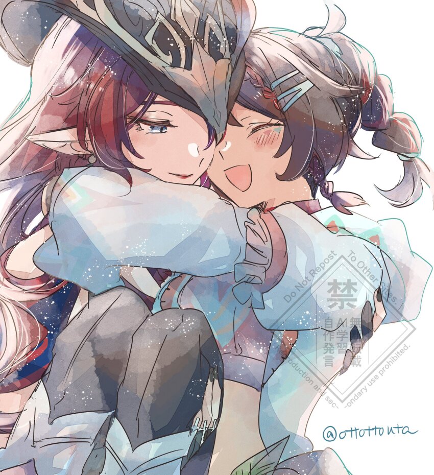 2girls blue_eyes blush brown_hair carrying carrying_person chasca_(genshin_impact) chuychu_(genshin_impact) closed_eyes closed_mouth commentary_request cowboy_hat crop_top elf genshin_impact hat hat_over_one_eye high_braided_ponytail highres jacket long_hair multiple_girls open_mouth ottottouta pointy_ears princess_carry red_hair siblings sisters smile step-siblings twitter_username white_background white_jacket