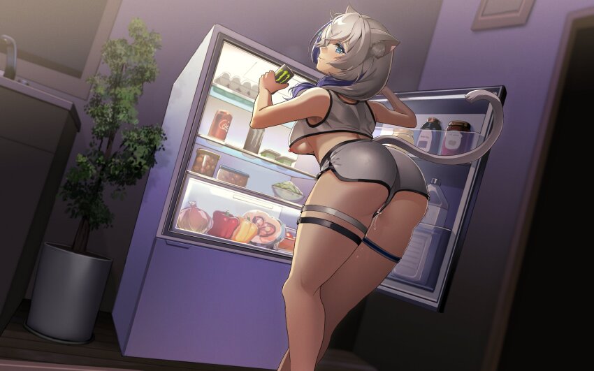 1girl 364ing absurdres after_vaginal aftersex animal_ear_fluff animal_ears ass blue_eyes blue_hair breasts can cat_ears cat_girl cat_tail cropped_shirt cum cumdrip drink highres holding holding_can holding_drink indie_virtual_youtuber indoors kitchen large_breasts long_hair midriff multicolored_hair plant potted_plant pussy refrigerator rhea_aitken second-party_source shirt shorts sleeveless sleeveless_shirt solo tail thigh_strap thighs two-tone_hair virtual_youtuber white_hair white_shirt white_shorts
