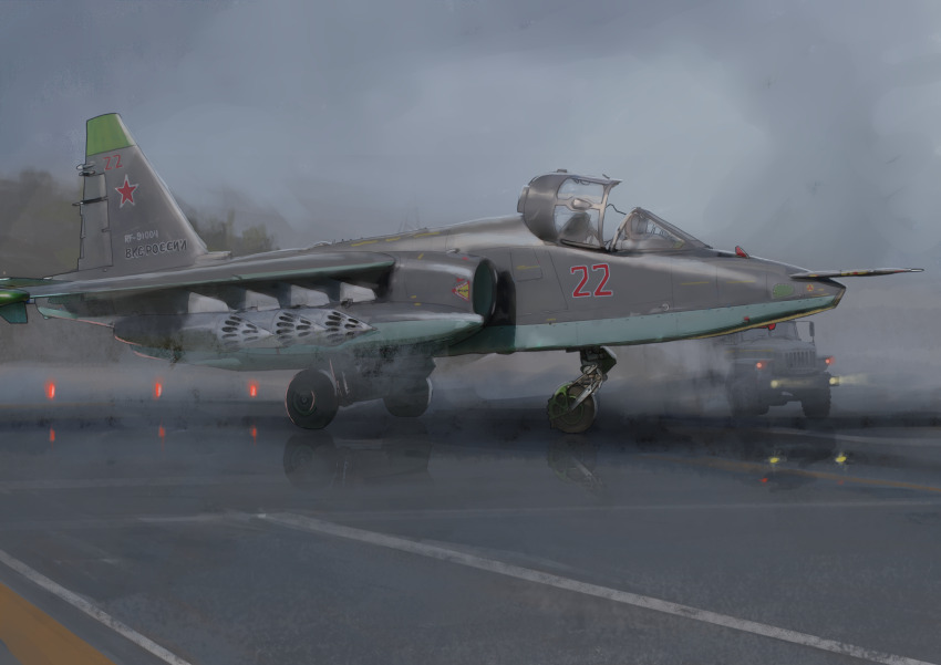 absurdres aircraft airplane fighter_jet fog highres military_vehicle motor_vehicle open_cockpit original red_star rocket_pod runway runway_lights russian_text star_(symbol) su-25 truck vehicle_focus yukikaze_supersylph