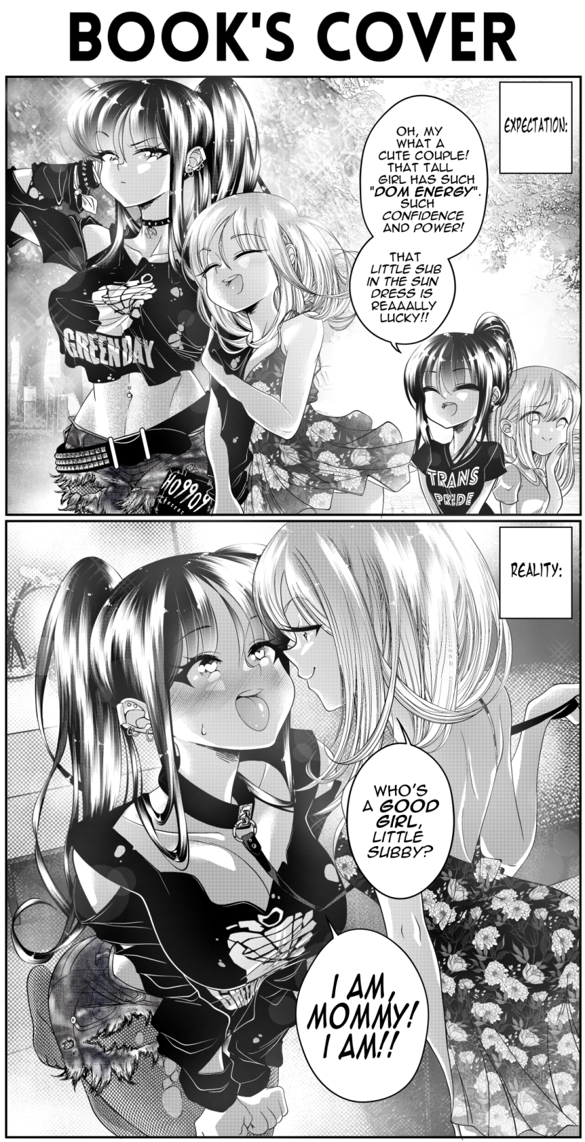 2koma 4girls backless_dress backless_outfit band_shirt bdsm belt breasts collar comic crop_top denim denim_shorts dress ear_piercing earrings english_text femdom fishnet_pantyhose fishnets green_day greyscale grs- heart heart-shaped_pupils highres holding holding_another&#039;s_arm holding_leash jewelry kneeling large_breasts leash lgbt_pride merchandise monochrome multiple_girls original pantyhose piercing ponytail sharon_(grs-) shirt shorts slave speech_bubble spiked_collar spikes symbol-shaped_pupils t-shirt talia_(grs-) torn_clothes yuri