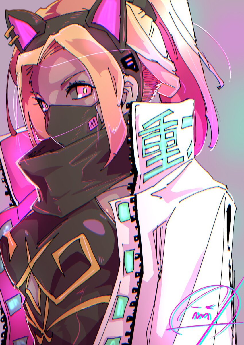 1girl animal_ears black_scarf blonde_hair breasts cat_ears coat collar commentary dark-skinned_female dark_skin gravity_daze gravity_daze_2 hairband high_collar highres kitten_(gravity_daze) long_hair looking_at_viewer mask mouth_mask pungter red_eyes scarf simple_background solo symbol-only_commentary upper_body zipper