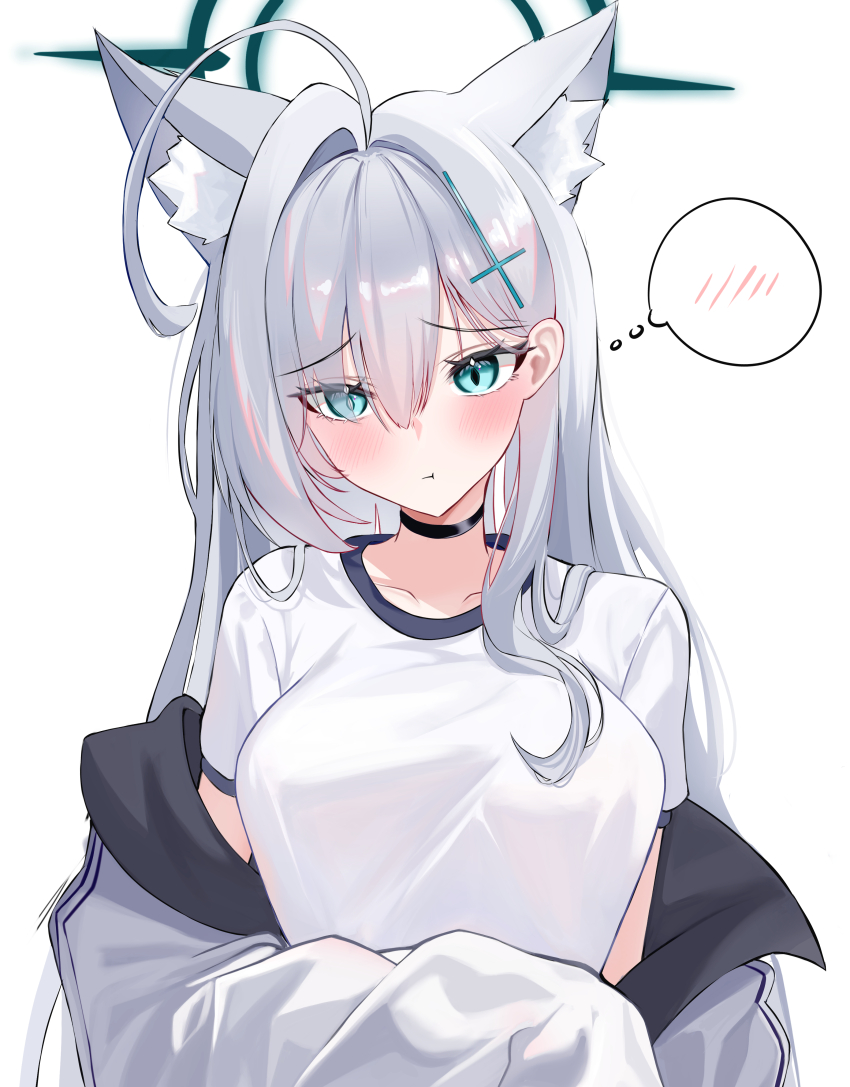 1girl absurdres ahoge alternate_costume animal_ear_fluff animal_ears aqua_eyes black_choker black_halo blue_archive blush breasts choker commentary extra_ears eyes_visible_through_hair grey_hair hair_between_eyes hair_intakes hair_over_one_eye halo heart highres long_hair looking_at_viewer mismatched_pupils pout shiroko_(blue_archive) shiroko_terror_(blue_archive) shirt simple_background spoken_heart symbol-only_commentary upper_body wgff4824 white_background white_shirt wolf_ears wolf_girl