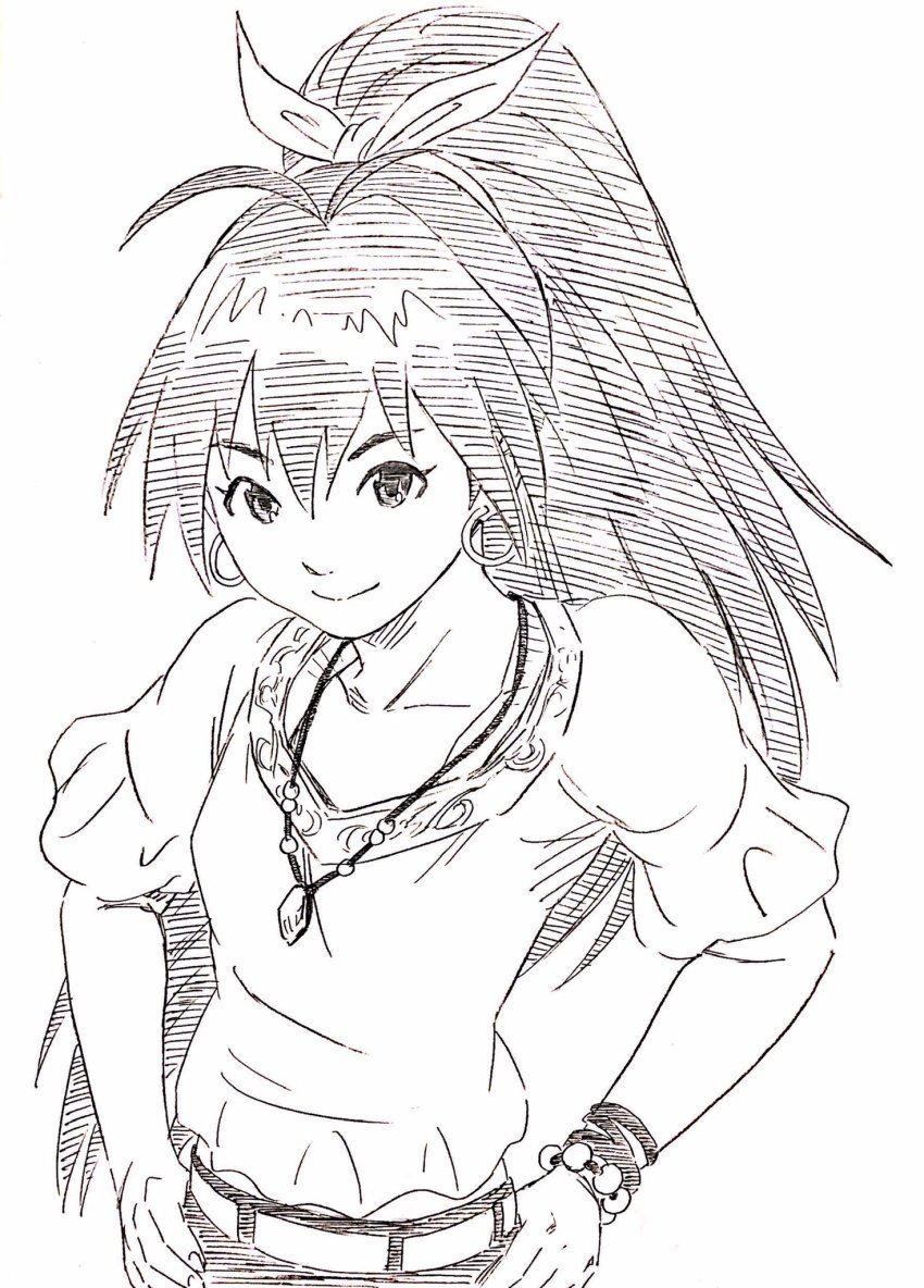 1girl bead_bracelet beads bracelet earrings eyebrows_hidden_by_hair female_focus ganaha_hibiki graphite_(medium) greyscale hair_between_eyes hair_ribbon hands_on_own_hips hatching_(texture) highres idolmaster idolmaster_(classic) jewelry lee_(dragon_garou) monochrome pendant ponytail ribbon smile solo traditional_media upper_body