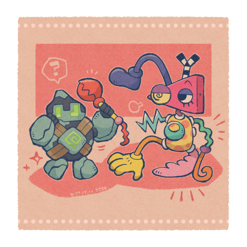 1other ? alternate_color border commentary_request crossover full_body gen_5_pokemon golett green_eyes half-closed_eyes holding karin_(100100) nintendo pokemon pokemon_(creature) shiny_pokemon spoken_question_mark the_amazing_digital_circus white_border zooble_(the_amazing_digital_circus)