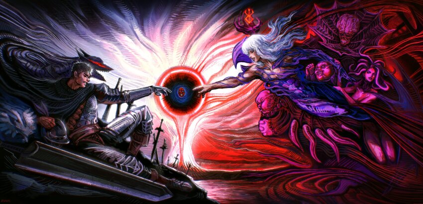 1girl 5boys absurdres anniechromes armor beast_of_darkness_(berserk) behelit berserk black_cloak black_hair blue_eyes bodysuit boots brain brand_of_sacrifice brown_footwear cloak closed_mouth commentary conrad_(berserk) demon dragonslayer_(sword) eclipse english_commentary evil_grin evil_smile exposed_brain femto_(berserk) fine_art_parody floating_hair griffith_(berserk) grin guts_(berserk) helmet highres long_hair multiple_boys open_mouth own_hands_clasped own_hands_together parody parted_lips plant planted planted_sword planted_weapon prosthesis prosthetic_arm purple_bodysuit reaching short_hair shoulder_armor slan_(berserk) smile solar_eclipse spiked_hair sword teeth tentacle_hair the_creation_of_adam transformation ubik_(berserk) void_(berserk) weapon white_hair