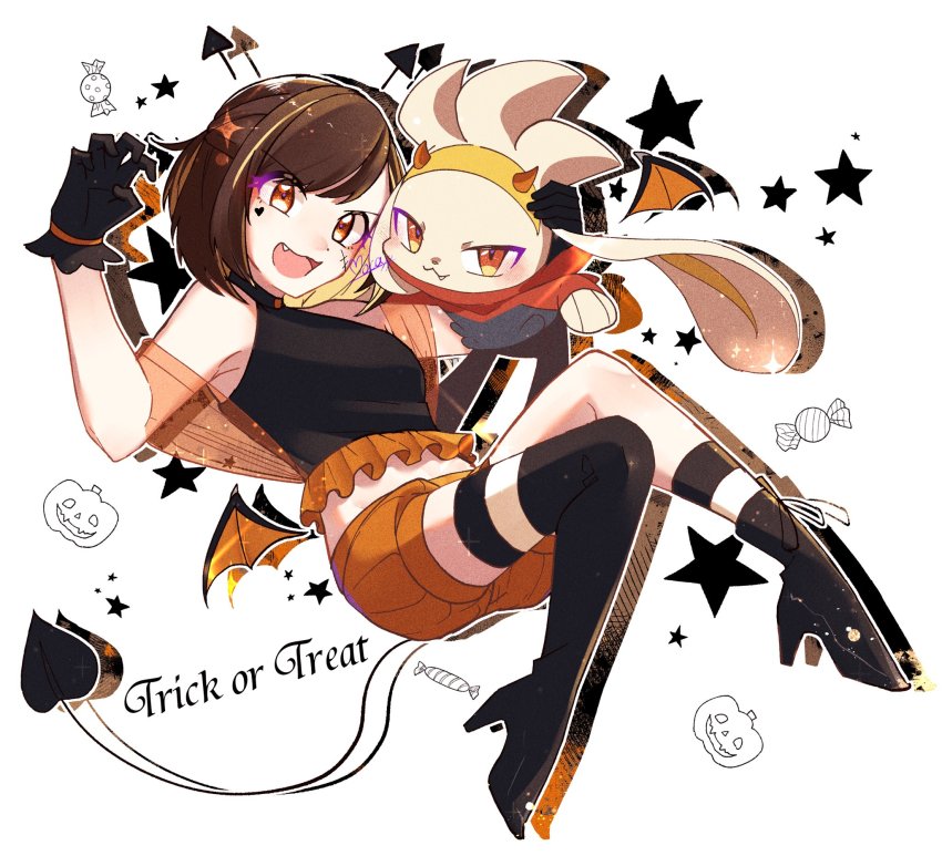 1girl :d alternate_costume black_footwear black_gloves black_shirt boots brown_eyes brown_hair commentary_request creatures_(company) fang frills game_freak gen_8_pokemon gloria_(pokemon) gloves halloween hands_up heart high_heel_boots high_heels highres mocacoffee_1001 nintendo open_mouth pokemon pokemon_(creature) pokemon_sm raboot shirt shorts signature simple_background sleeveless sleeveless_shirt smile star_(symbol) tail thigh_strap trick_or_treat white_background wings