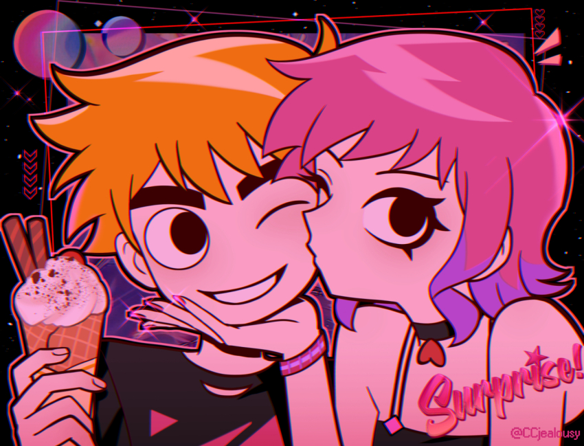 black_choker black_eyes black_shirt blue_hair choker czy_(2894456992) english_text food ice_cream kiss kissing_cheek multicolored_hair one_eye_closed orange_hair pink_hair ramona_flowers scott_pilgrim scott_pilgrim_(series) shirt smile thick_eyebrows