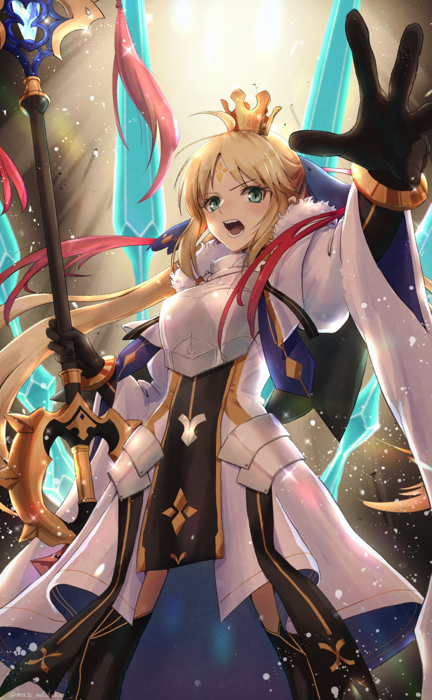 armor armored_dress artoria_caster_(fate) artoria_caster_(third_ascension)_(fate) artoria_pendragon_(fate) backlighting black_footwear black_ribbon blush bracelet breasts crown dress elbow_gloves fate/grand_order fate_(series) fur_trim gloves gold_trim green_eyes hair_between_eyes highres holding jewelry mato. open_mouth ornament ribbon shine small_breasts teeth uvula white_dress white_fur