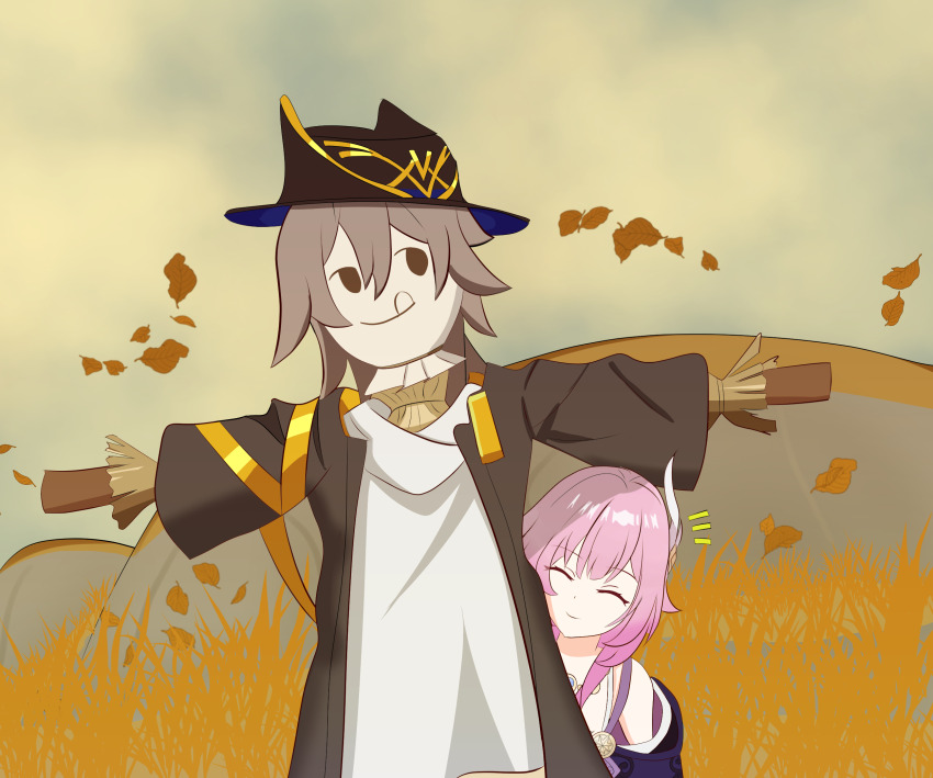 1girl black_coat black_hat brown_sky coat commentary commentary_request cyrene_(honkai:_star_rail) english_commentary hair_ornament hat highres honkai:_star_rail honkai_(series) medium_hair mixed-language_commentary outdoors pink_hair purple_coat scarecrow shirt smile solo sunn_strawberry trailblazer_(honkai:_star_rail) wheat wheat_field white_shirt