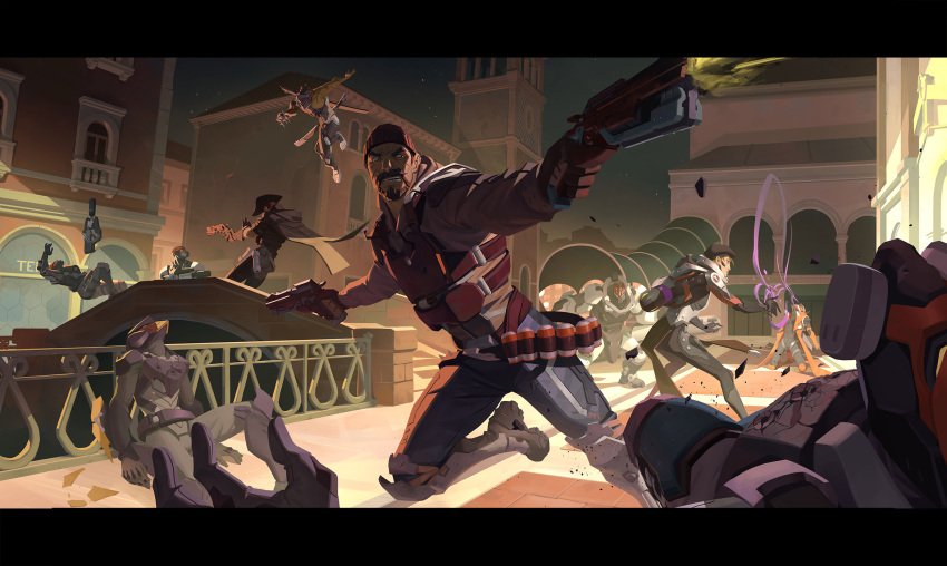 1girl 3boys balcony beard black_gloves blackwatch_cassidy blackwatch_genji blackwatch_moira blackwatch_reyes bridge cassidy_(overwatch) cloak cowboy_hat cyborg dark-skinned_male dark_skin dual_wielding facial_hair firing genji_(overwatch) gloves gun hat highres holding holding_gun holding_weapon jumping moira_(overwatch) multiple_boys nesskain night night_sky outdoors overwatch reaper_(overwatch) running skull_cap sky tower weapon
