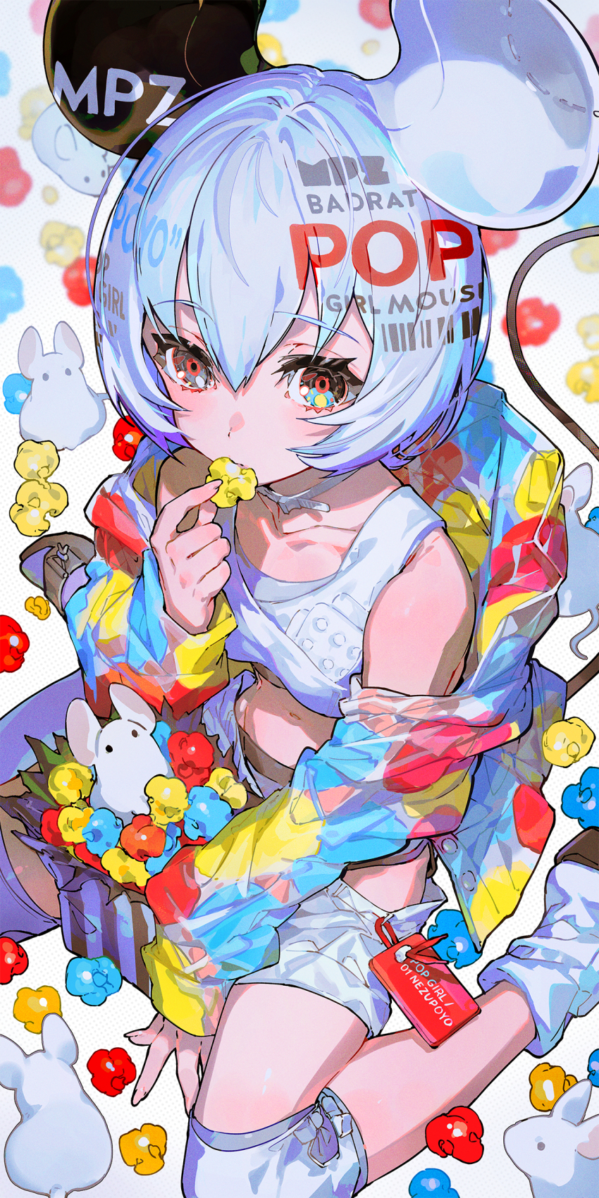 1girl absurdres animal_ears blue_hair breasts cleavage food food_in_mouth highres holding holding_food jacket mika_pikazo mouse_(animal) mouse_ears mouse_girl off_shoulder original popcorn revision small_breasts solo white_background