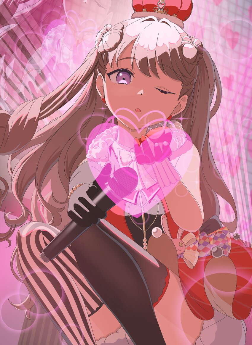 1girl absurdres arched_crown asymmetrical_gloves bare_shoulders black_thighhighs blowing_kiss bow-shaped_hair brown_hair commentary_request crown dress elbow_gloves feet_out_of_frame fujishima_megumi gloves hair_intakes heart highres link!_like!_love_live! long_hair looking_at_viewer love_live! mismatched_gloves mismatched_thighhighs morio_(mmorio_mu) one_eye_closed pink_background purple_eyes red_crown red_dress red_gloves short_dress sleeveless sleeveless_dress solo squatting striped_clothes striped_thighhighs thighhighs two_side_up uneven_gloves vertical-striped_clothes vertical-striped_thighhighs virtual_youtuber white_thighhighs zenhoi_kyun