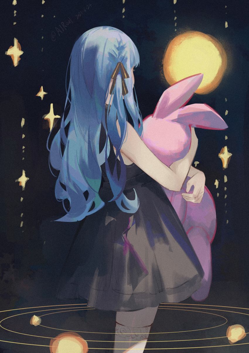 1girl airool bang_dream! bang_dream!_it&#039;s_mygo!!!!! bare_arms black_background black_dress black_ribbon blue_hair chinese_commentary commentary commentary_request cowboy_shot dated dress english_commentary facing_to_the_side from_side hair_ribbon hand_up highres hugging_doll hugging_object long_hair mixed-language_commentary orbital_path orbited partial_commentary ribbon short_dress sleeveless sleeveless_dress solo sparkle standing star_(symbol) striped_ribbon stuffed_animal stuffed_rabbit stuffed_toy thighhighs togawa_sakiko weibo_username white_thighhighs zettai_ryouiki