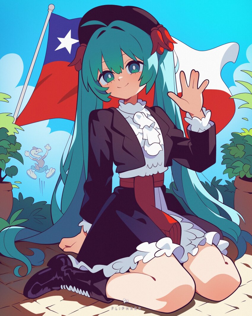 1girl aqua_eyes aqua_hair artist_name black_boots boots chile chilean_clothes chilean_flag chilean_miku cloud cloudy_sky condorito condorito_(character) dress female_focus flag flipherrrr hat hatsune_miku highres latin_american_hatsune_miku_(meme) looking_at_viewer plant potted_plant sash sitting sky smile twintails two-tone_dress vocaloid waist_sash worldwide_miku