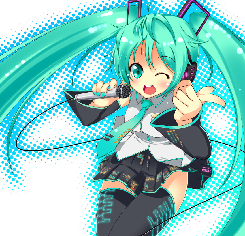 1girl aqua_eyes aqua_hair detached_sleeves female_focus halftone halftone_background hatsune_miku headphones highres long_hair necktie nickq skirt smile solo thighhighs twintails very_long_hair vocaloid white_background wink zettai_ryouiki