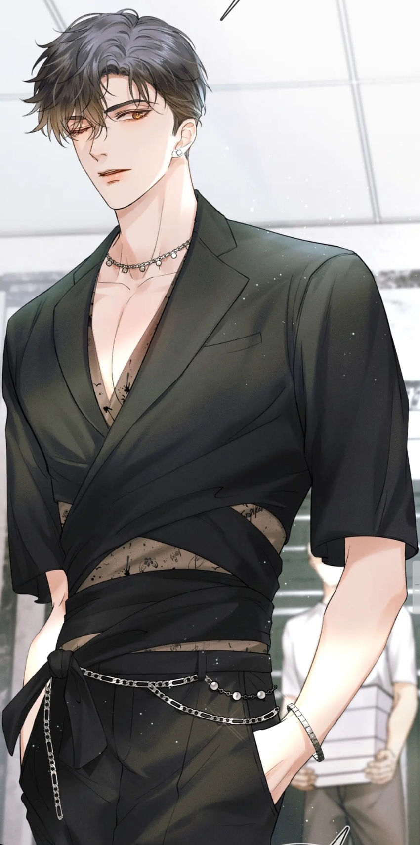 1boy 1other belt beyoncdecccjuan black_belt black_hair black_pants black_shirt bracelet brown_eyes chain chain_necklace chinese_commentary collarbone cowboy_shot earrings eyelashes hands_in_pockets highres in_love_with_an_idiot indoors jewelry jian_suiying looking_at_viewer male_focus muscular muscular_male necklace one_eye_closed pants parted_lips pectoral_cleavage pectorals shirt short_hair short_sleeves solo_focus standing wallet_chain