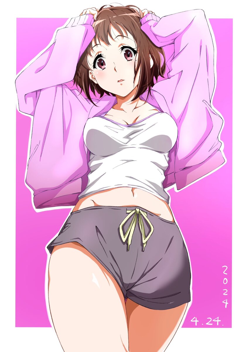 1girl border breasts brown_hair dated grey_shorts hibike!_euphonium highres jacket looking_at_viewer medium_breasts nakaseko_kaori open_clothes open_jacket pink_background pink_jacket red_eyes shirt shorts solo stomach tank_top thighs tsujimura_ayumu white_border white_shirt