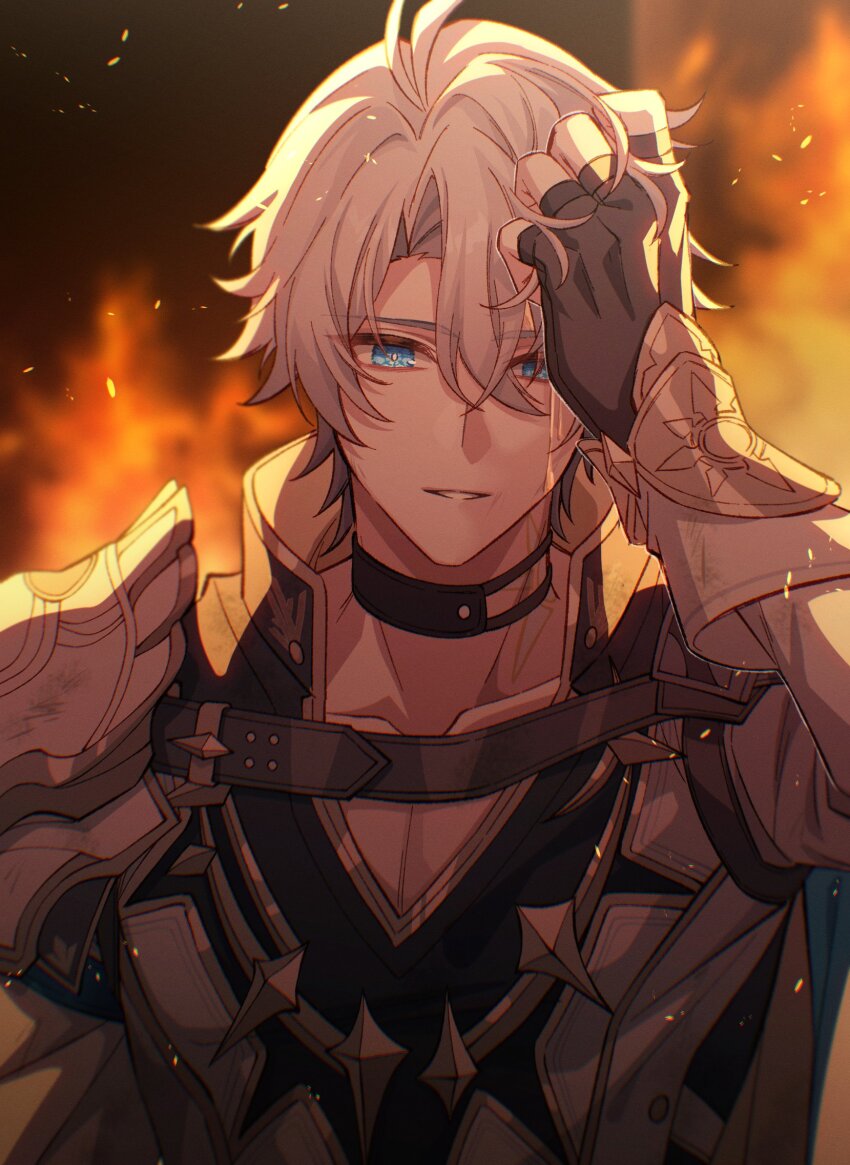 1boy antenna_hair armor black_choker black_gloves black_shirt blood blood_on_face blue_eyes choker coat collarbone fingerless_gloves gloves hand_on_own_head hand_up hashtag-only_commentary highres honkai:_star_rail honkai_(series) male_focus neck_tattoo parted_bangs pauldrons phainon_(honkai:_star_rail) pochimaru_(marumaru_wanwan) shirt short_hair shoulder_armor single_pauldron solo sun_symbol sun_tattoo tan tattoo upper_body white_coat white_hair yellow_blood