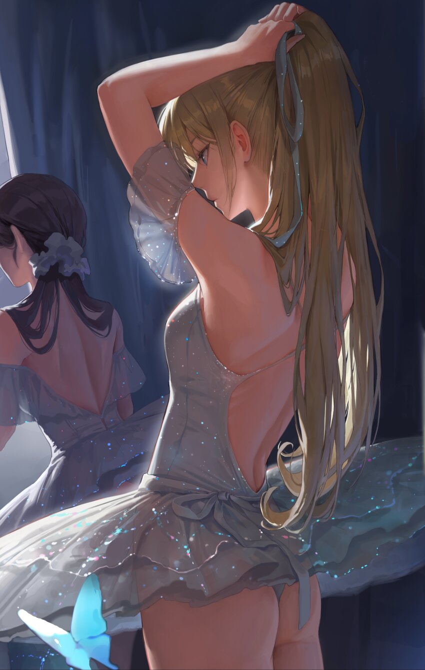 2girls absurdres arm_garter ass back bangsom black_hair blonde_hair blue_butterfly blue_eyes breasts bug butterfly closed_mouth commentary curtains dress english_commentary highres indoors insect long_hair multiple_girls original sidelocks small_breasts solo_focus standing tutu tying_hair unfinished white_dress
