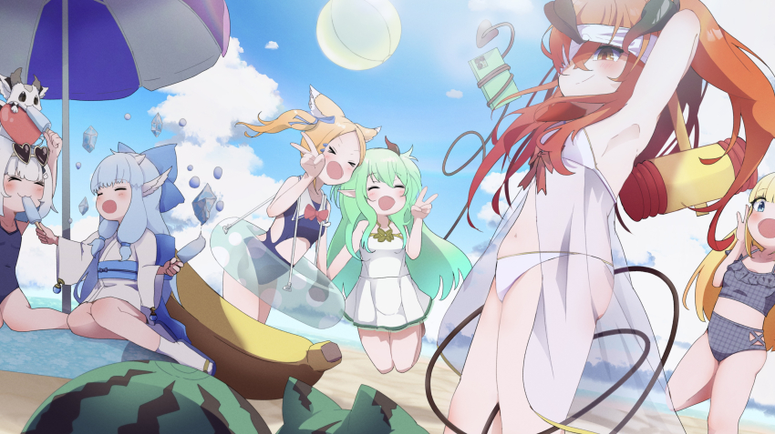 &gt;_&lt; 6+girls animal_ears ball beach beach_umbrella beachball bikini blindfold blonde_hair blue_bow blue_eyes blue_hair blue_one-piece_swimsuit blue_sash blue_sky bow bowtie brown_eyes bug cellphone character_request closed_eyes commission copyright_request creature_on_head crossed_bangs day demon_girl demon_horns demon_tail dress feeding food fruit green_hair hair_bow highres horns ice innertube insect japanese_clothes jumping kimono long_hair mallet moth multiple_girls navel obi one-piece_swimsuit outdoors phone pointy_ears popsicle prehensile_tail rakugakijunkie red_hair sash side_ponytail sidelocks sitting skeb_commission sky smartphone smile socks swim_ring swimsuit tail umbrella watermelon white_bikini white_dress white_hair white_kimono yokozuwari yukata