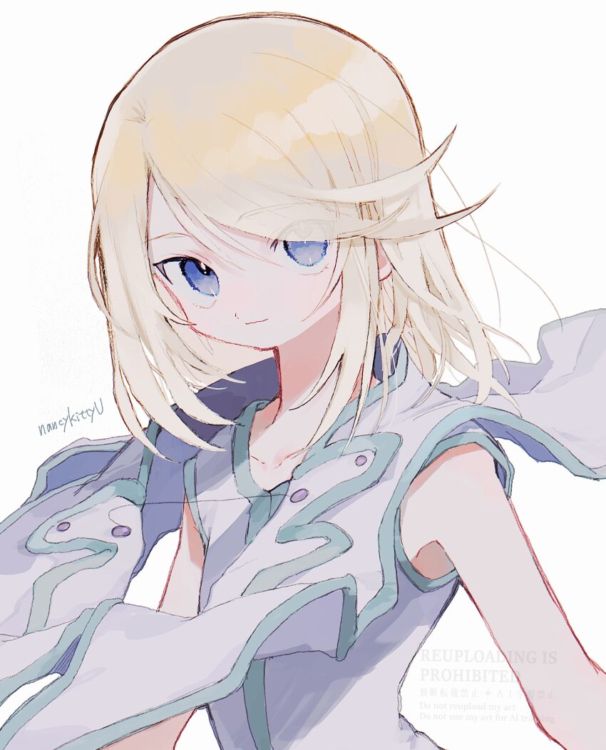 1boy absurdres bare_arms blonde_hair blue_eyes closed_mouth commentary_request floating_clothes hair_over_one_eye highres looking_at_viewer male_focus mithos_yggdrasill nancykittyu sleeveless smile swept_bangs tales_of_(series) tales_of_symphonia twitter_username watermark