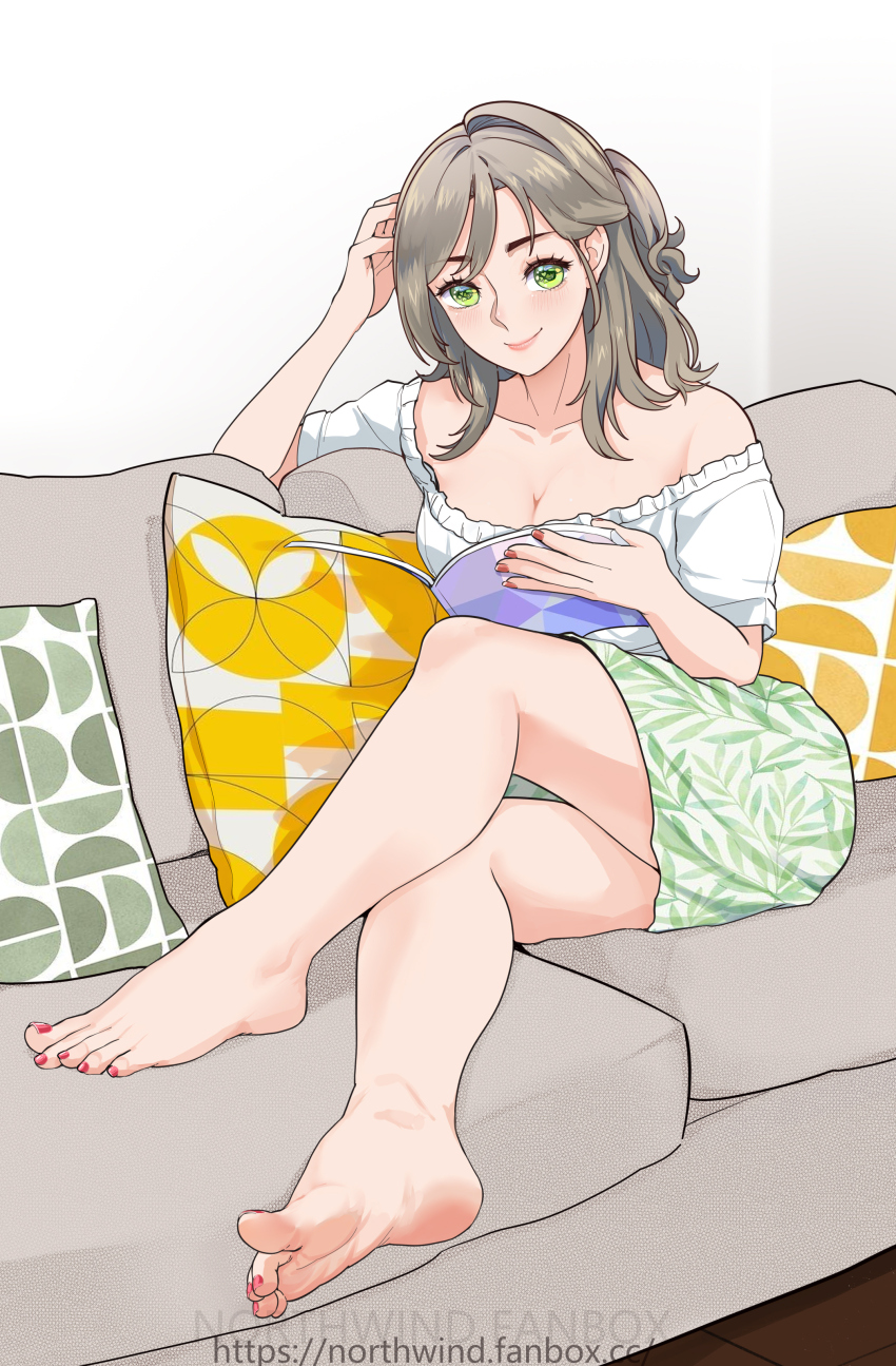 1girl absurdres barefoot beifeng_han blush breasts cleavage couch feet green_eyes highres long_hair looking_at_viewer smile soles toes