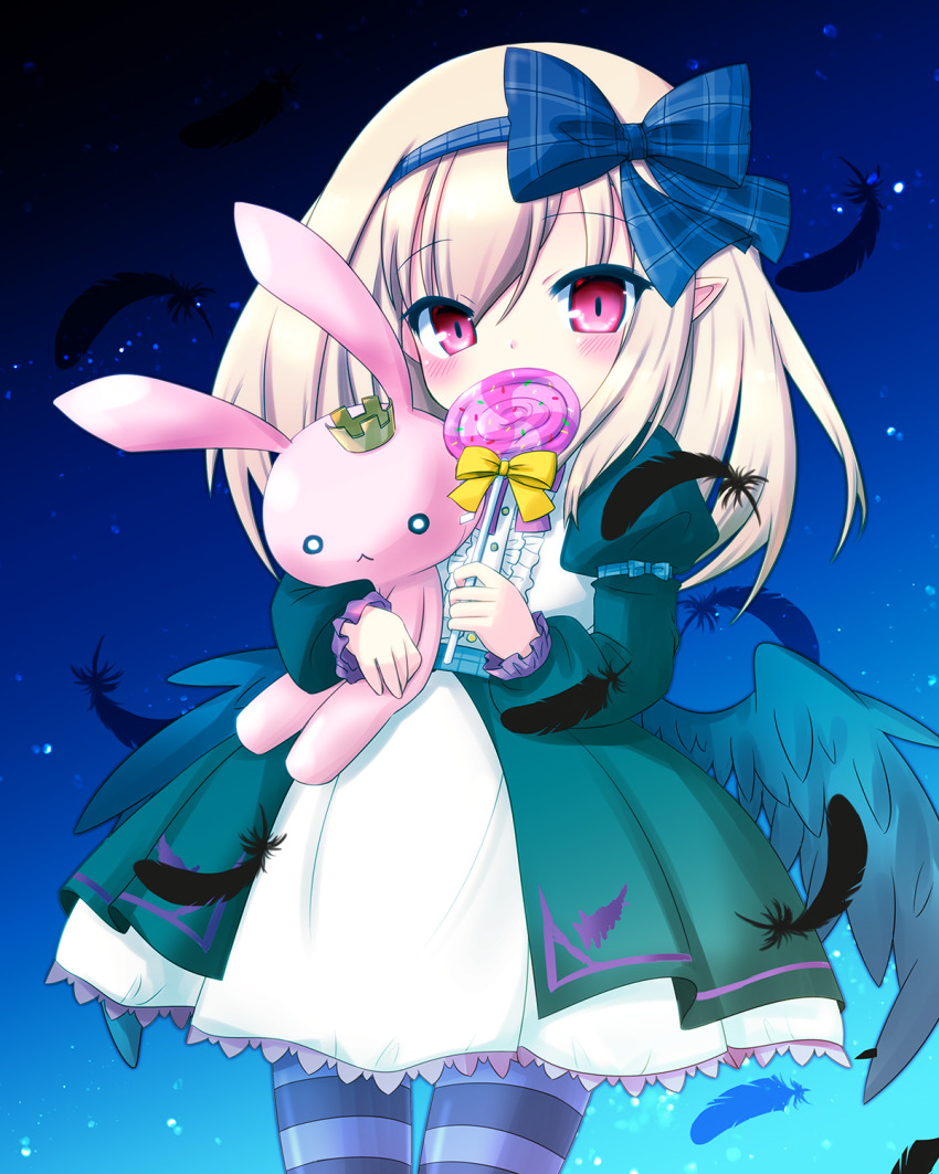1girl akino_sakura blonde_hair blue_pantyhose blue_ribbon blush candy commentary_request contrapposto covering_own_mouth crown dark_feather_alma dress emil_chronicle_online feathered_wings feathers female_focus food hair_ribbon highres holding holding_stuffed_toy juliet_sleeves layered_dress lollipop long_sleeves looking_at_viewer mini_crown night outdoors pantyhose pink_eyes plaid_ribbon pointy_ears puffy_sleeves ribbon sky solo star_(sky) starry_sky striped_clothes striped_pantyhose stuffed_animal stuffed_rabbit stuffed_toy swirl_lollipop wings
