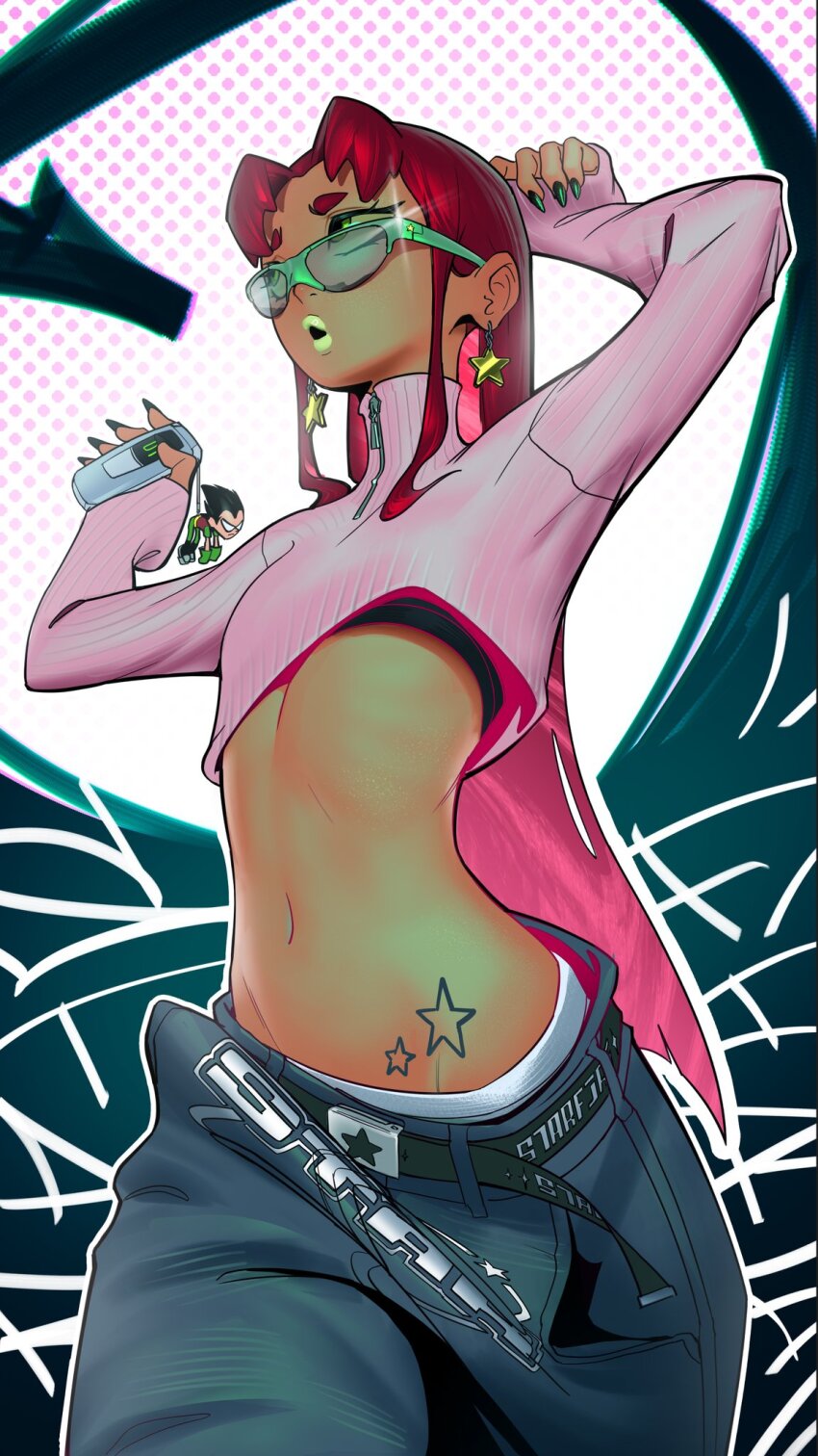1girl belt character_charm charm_(object) dark-skinned_female dark_skin dc_comics denim dick_grayson earrings highres jeans jewelry lipstick makeup maniwarren outside_border pants phone red_hair robin_(dc) star_(symbol) star_earrings starfire sunglasses teen_titans teen_titans_(tv_series) turtleneck y2k_fashion zipper