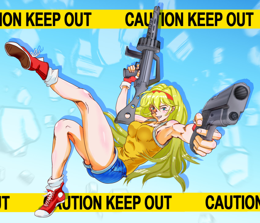 1girl aiming aiming_at_viewer assault_rifle bandaid bandaid_on_face battle_mania bb9_megadrive blonde_hair blue_eyes breasts caution_tape debris energy_gun english_text fake_screenshot falling fingerless_gloves flying freefall gameplay_mechanics gloves grin gun hairband handgun highres legs long_hair looking_at_viewer ootorii_mania pencil_skirt red_shoes rifle science_fiction shoes short_shorts shorts sign skirt smile sneakers vic_tokai video_game warning_sign weapon