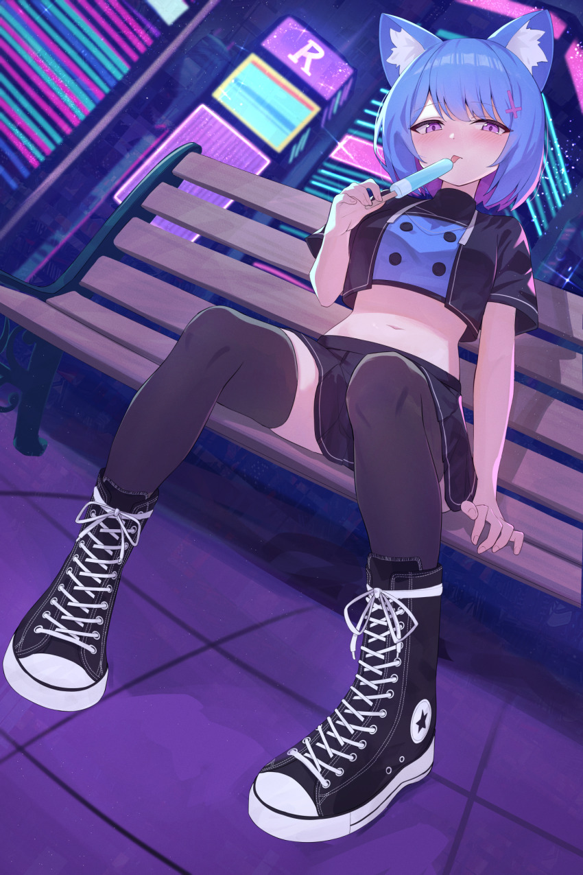 1girl animal_ears bench bitseon black_jacket black_shoes black_skirt blue_hair blue_shirt blush brown_thighhighs cat_ears colored_inner_hair commission crop_top cropped_jacket cross-laced_shoes dutch_angle food hair_ornament hairclip highres holding holding_food holding_popsicle jacket licking looking_at_viewer midriff miniskirt multicolored_hair navel neon_lights nose_blush open_clothes open_jacket original park_bench pleated_skirt popsicle purple_eyes shirt shoes short_hair short_sleeves sitting skirt sneakers solo stomach thighhighs tongue tongue_out