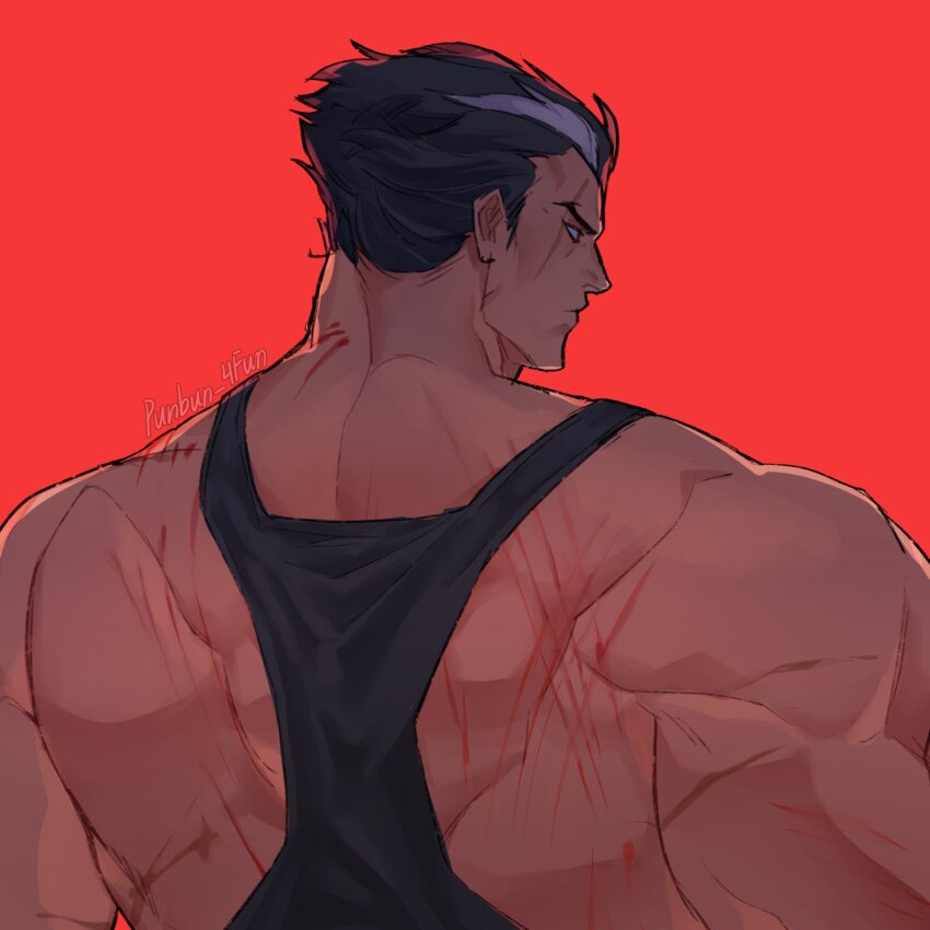 1boy back_muscles bara broad_shoulders darius_(league_of_legends) dunkmaster_darius from_behind highres league_of_legends male_focus multicolored_hair muscular muscular_male punbun_4fun red_background scar simple_background solo streaked_hair tank_top