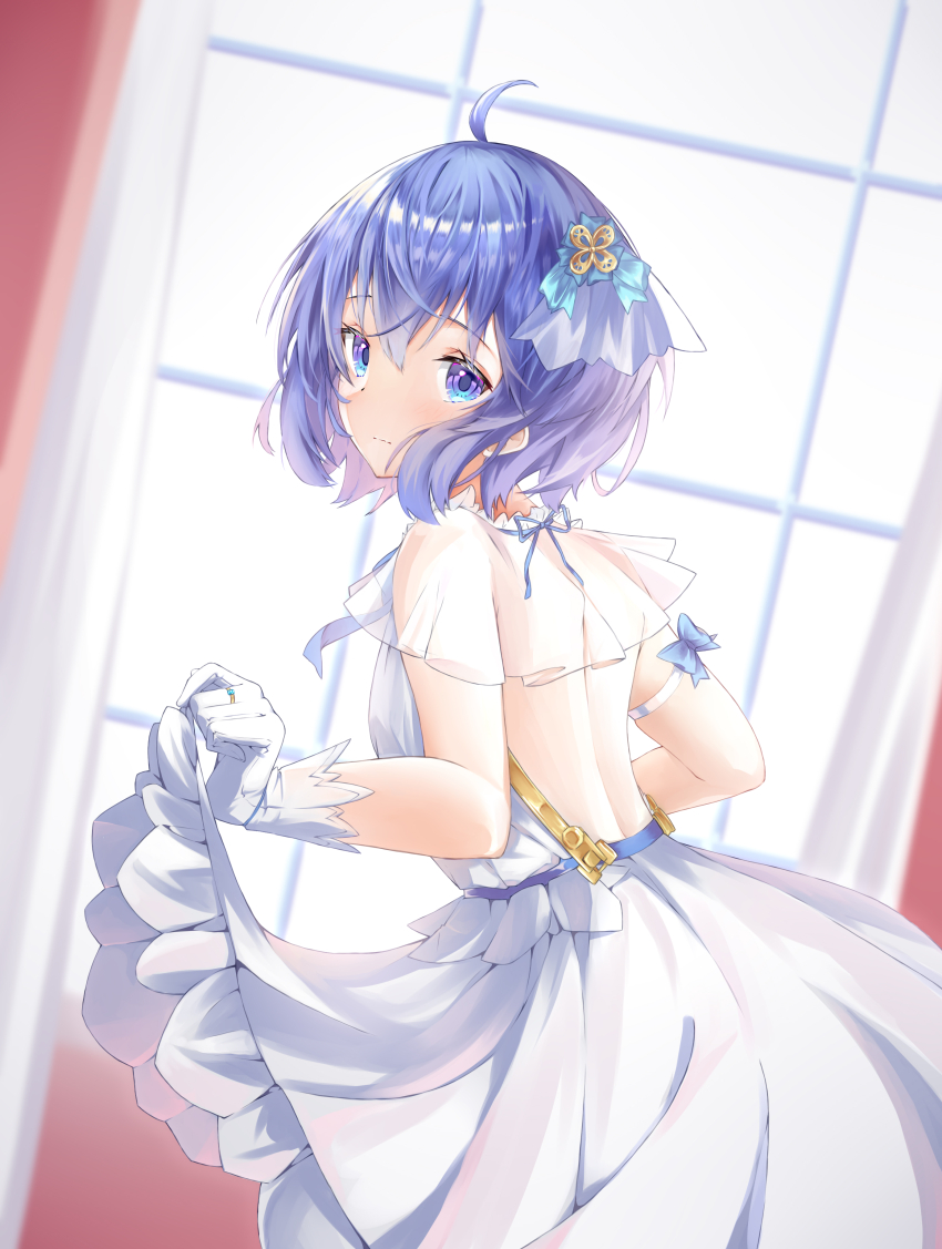 1girl absurdres dress gloves hair_ornament highres kebol looking_at_viewer purple_hair ribbon shadowverse shingeki_no_bahamut spinaria_(shingeki_no_bahamut) wedding_dress white_dress white_gloves