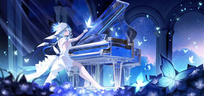 1girl arcade_(architecture) arch armlet backless_dress backless_outfit bare_legs barefoot black_flower blake_bloom_(wuthering_waves) blue_butterfly blue_flower blue_hair blue_theme blue_veil blurry blurry_foreground bug butterfly butterfly_on_hand cloud colored_eyelashes commentary dress flower grand_piano highres insect instrument jewelry legs long_hair looking_at_animal night night_sky piano piano_bench purple_eyes shorekeeper_(wuthering_waves) sitting sky sleeveless sleeveless_dress solo two-tone_veil veil white_dress white_veil wide_shot woodsage88 wuthering_waves