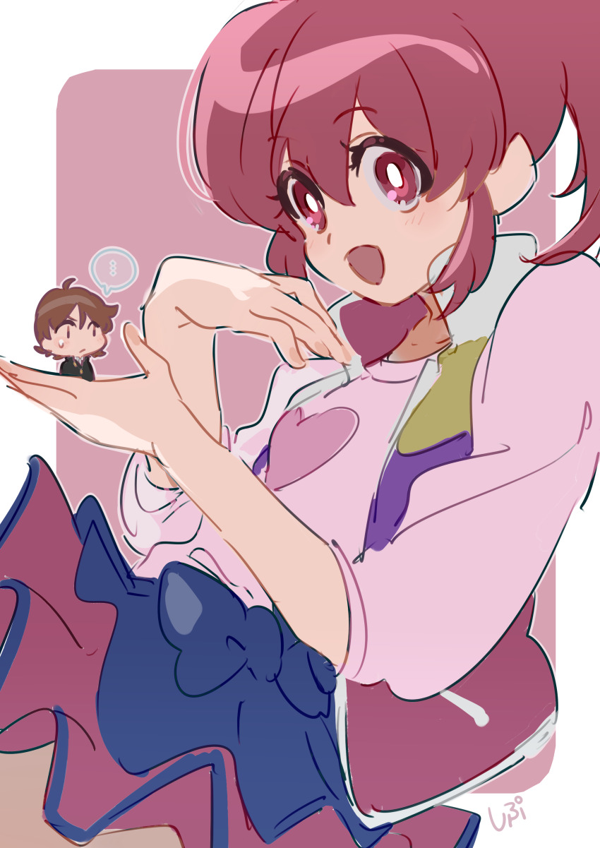 ... 1boy 1girl absurdres ahoge aino_megumi black_jacket blue_bow blue_skirt border bow bright_pupils brown_hair closed_mouth collared_jacket confused eyelashes fingernails frown hair_between_eyes happinesscharge_precure! happy heart heart_print high_collar highres holding holding_mini_person jacket light_blush long_sleeves looking_at_another medium_hair mini_person miniboy miniskirt multicolored_jacket open_clothes open_jacket open_mouth outline outside_border pink_background pink_eyes pink_hair pink_shirt pink_skirt pocket ponytail precure sagara_seiji shipu_(gassyumaron) shirt short_hair signature simple_background size_difference skirt sleeveless sleeveless_jacket smile spoken_ellipsis sweatdrop tareme three-quarter_sleeves two-tone_skirt waist_bow white_border white_outline white_pupils
