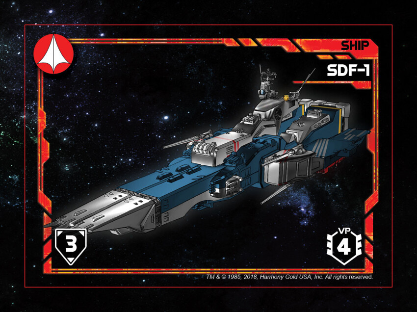 1985 2018 board_game card card_(medium) character_name choujikuu_yousai_macross commentary dated emblem energy_cannon english_commentary english_text harmony_gold js_digitalartist light logo macross mecha military missile_pod nebula no_humans official_art playing_card radar radar_dish radio_antenna robot robotech robotech:_force_of_arms roundel science_fiction sdf-1 space spacecraft turret u.n._spacy