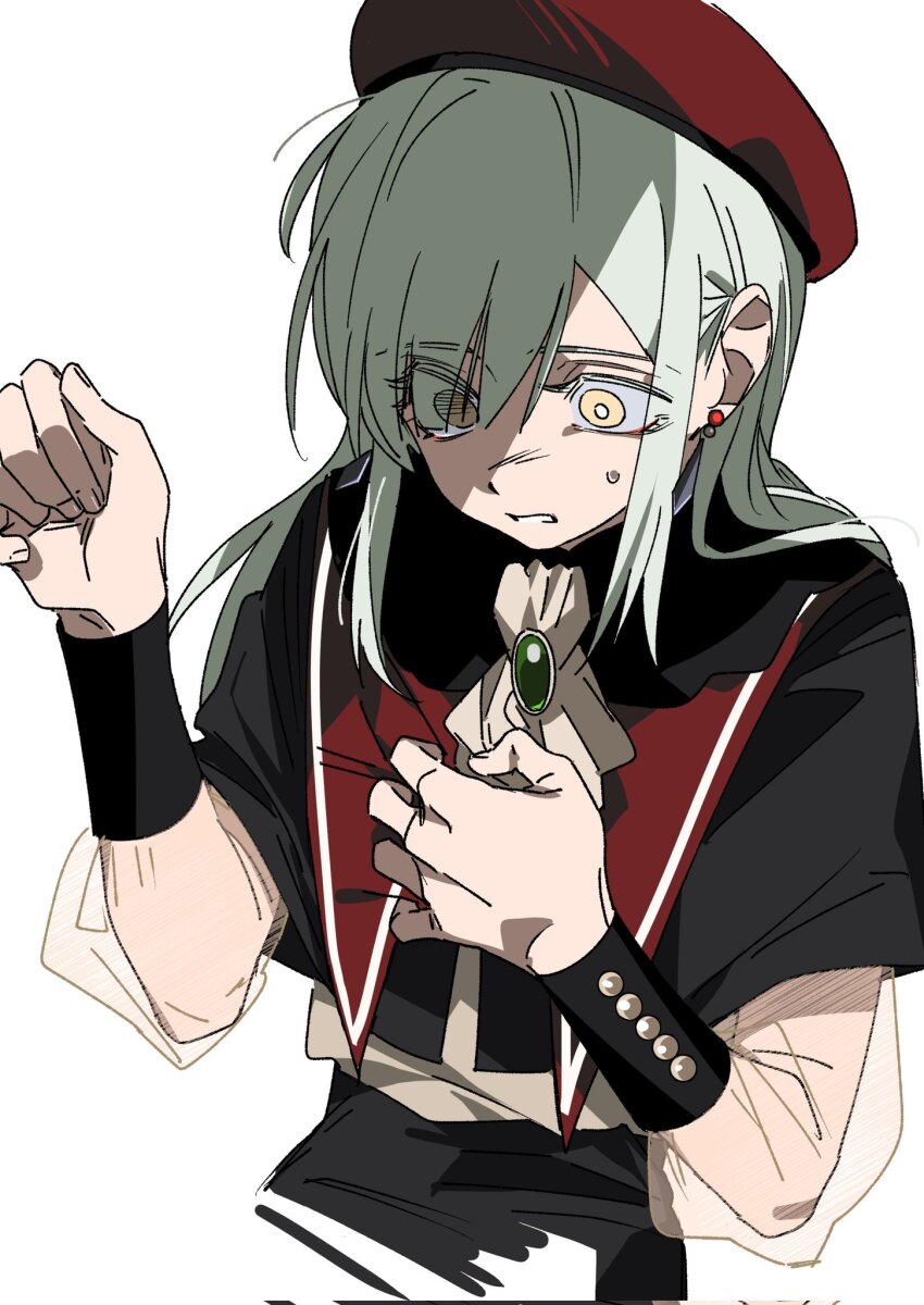1girl bang_dream! bang_dream!_it&#039;s_mygo!!!!! black_capelet capelet clutching_chest commentary corrupted_twitter_file earrings green_brooch green_hair hashtag-only_commentary hat highres jewelry long_hair molu_stranger mortis_(bang_dream!) mortis_(costume)_(bang_dream!) parted_lips red_hat see-through_clothes see-through_sleeves simple_background solo sweat upper_body wakaba_mutsumi white_background yellow_eyes