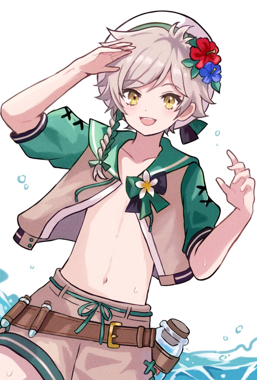 1boy braid clanne_(fire_emblem) clanne_(summer)_(fire_emblem) fire_emblem fire_emblem_engage fire_emblem_heroes flower green_eyes green_hair hair_flower hair_ornament highres jar male_focus navel nintendo official_alternate_costume single_braid solo vial yuurururun