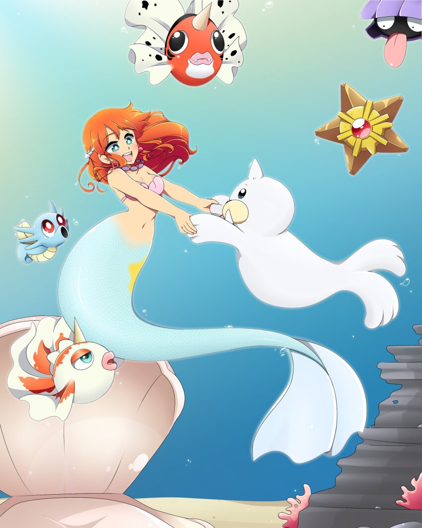 1girl :d absurdres air_bubble animal bikini bikini_top_only blue_eyes blush breasts bubble cloyster crossover doopiedoover earrings eyelashes fish gen_1_pokemon goldeen green_eyes highres horsea jewelry long_hair looking_at_another medium_breasts mermaid mermaid_misty_(pokemon) midriff misty_(pokemon) monster_girl multiple_girls navel necklace nintendo open_mouth orange_hair pokemon pokemon_(anime) pokemon_(classic_anime) red_hair seaking seashell seel shell shell_bikini smile staryu swimsuit tongue underwater water