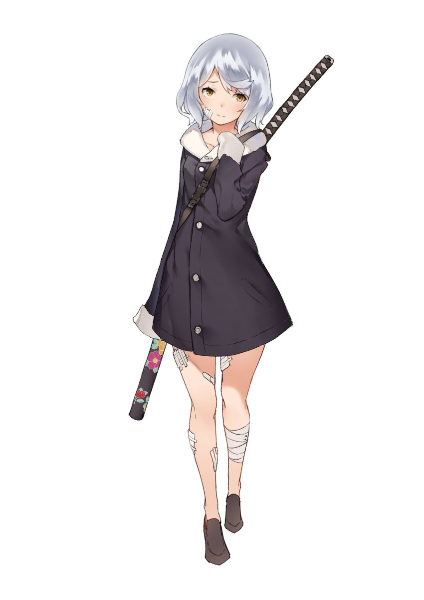arm_at_side arm_up bandage_on_leg bare_legs bob_cut coat flats floral_print forced_smile full_body fur_collar gauze gauze_on_cheek gauze_on_leg grey_hair highres katana mogumo raised_inner_eyebrows simple_background sleeves_past_fingers sleeves_past_wrists sword sword_on_back tokoshie_bullet tokoshie_no._7 walking weapon weapon_on_back white_background yellow_eyes